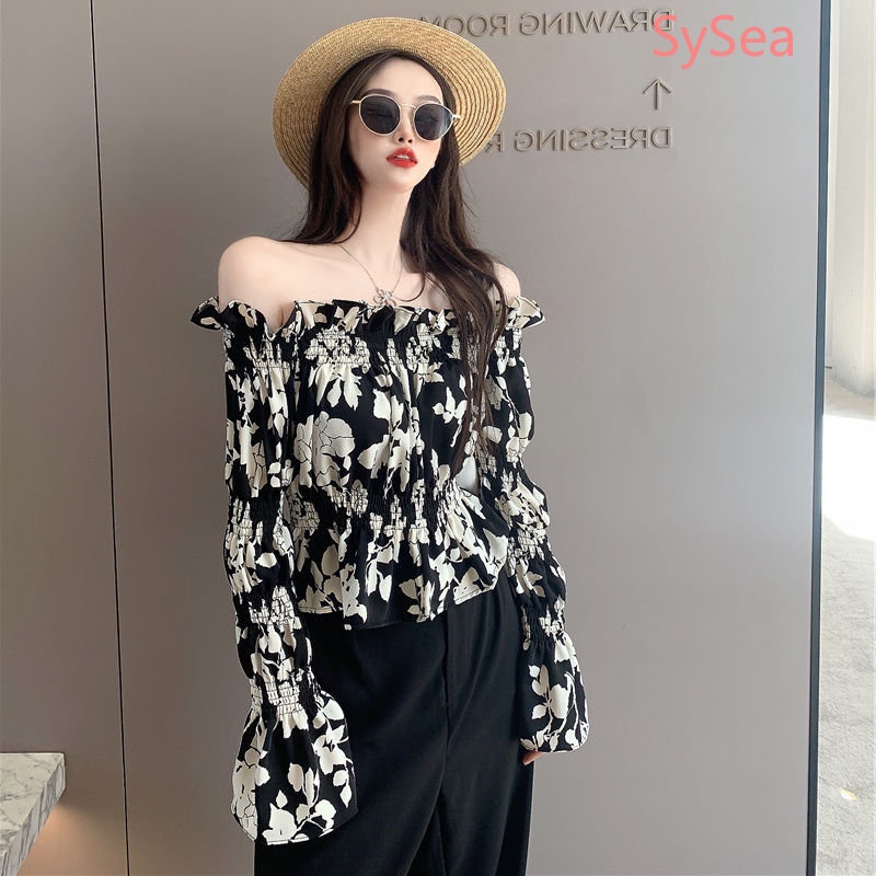 Áo Kiểu Trễ Vai Họa Tiết Hoa Phong Cách Pháp