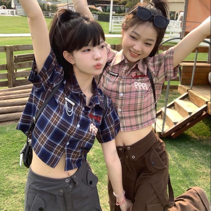 COZOK Áo Sơ Mi Ngắn Tay Dáng Ôm Hoa Văn Kẻ Ô Phong Cách vintage Thời Trang