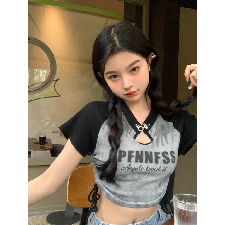 Áo baby tee Thun croptop Ngắn Tay In Chữ Thiết Kế Dây Rút Phong Cách Mới Mùa Hè Cho Nữ