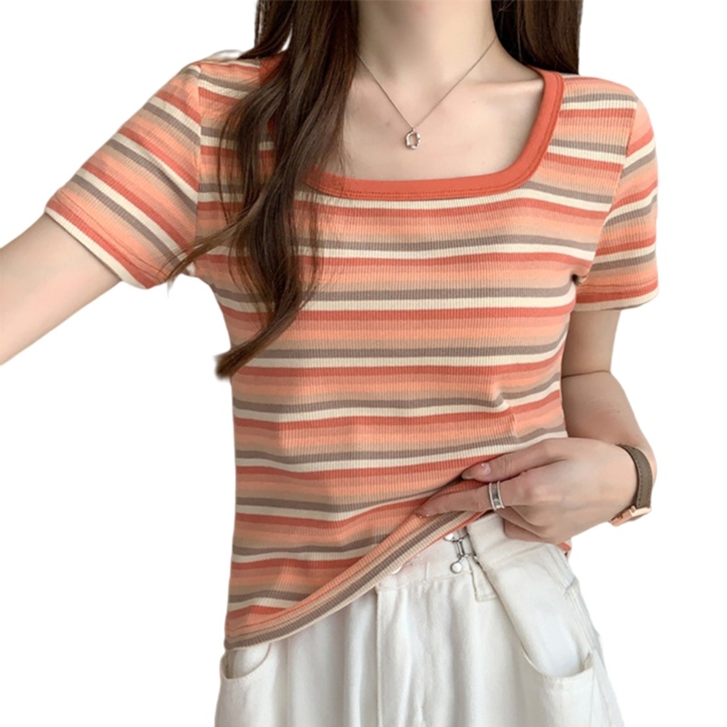 Áo Thun Ngắn Tay Cổ Vuông Họa Tiết Kẻ Sọc Thời Trang Mùa Hè Cho Nữ