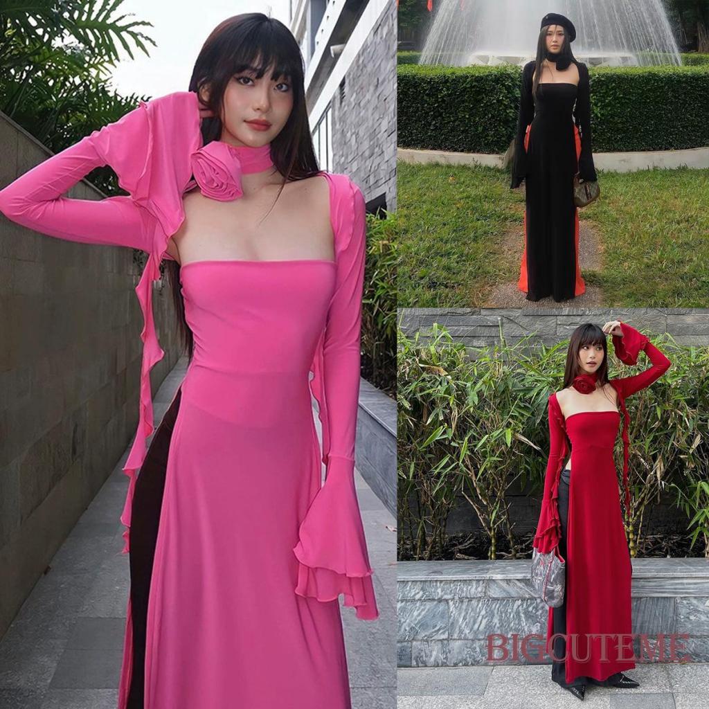 [] Đầm Dài Mùa Hè Không Dây Xẻ Tà Bên Hông Tay Dài Bolero Shrug &amp; Choker Hoa Hồng Cho Nữ