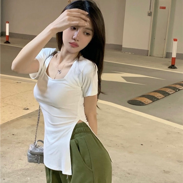 COZOK Áo Thun Ngắn Tay Cổ Vuông Xẻ Tà Thời Trang Retro Cá Tính