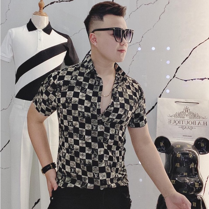 Áo Sơ Mi Nam Cộc Tay Nam Vải Lụa Dáng Ôm hoạ tiết cực sang SMC516