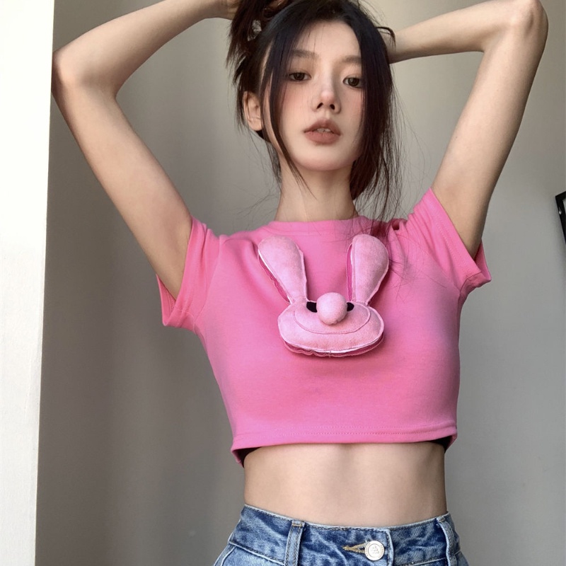 『Dream Island』Áo Thun croptop Tay Ngắn Dáng Ôm Màu Hồng In Hình Thỏ Dễ Thương Cho Bạn Gái
