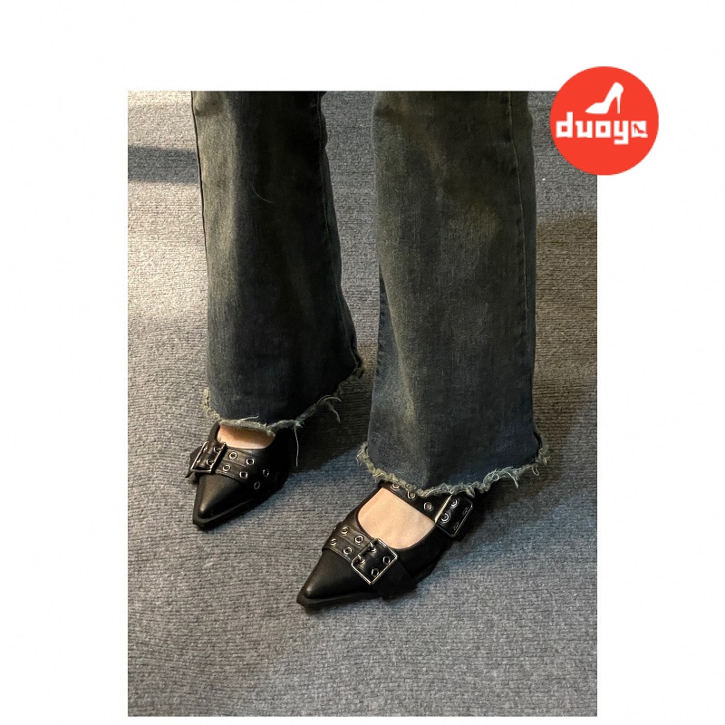 Duoya Tóc Thẳng ~ [Hàng Có Sẵn] Giày Búp Bê Mũi Nhọn Gót Thấp Miệng Nông Cảm Giác Ánh Kim Phong Cách Punk Đường Phố Cho Nữ
