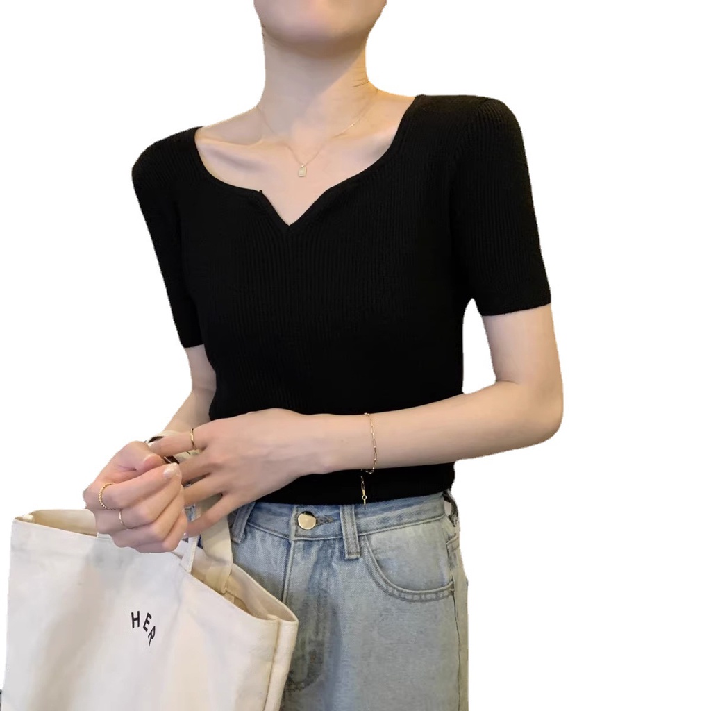 Áo Thun Tay Ngắn Cổ Chữ V Thời Trang Theo Phong Cách Pháp Cho Nữ