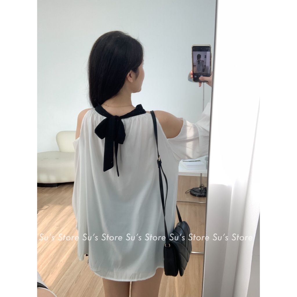 Áo sơ mi voan khoét vai dây buộc nơ A2731 SUSTORE