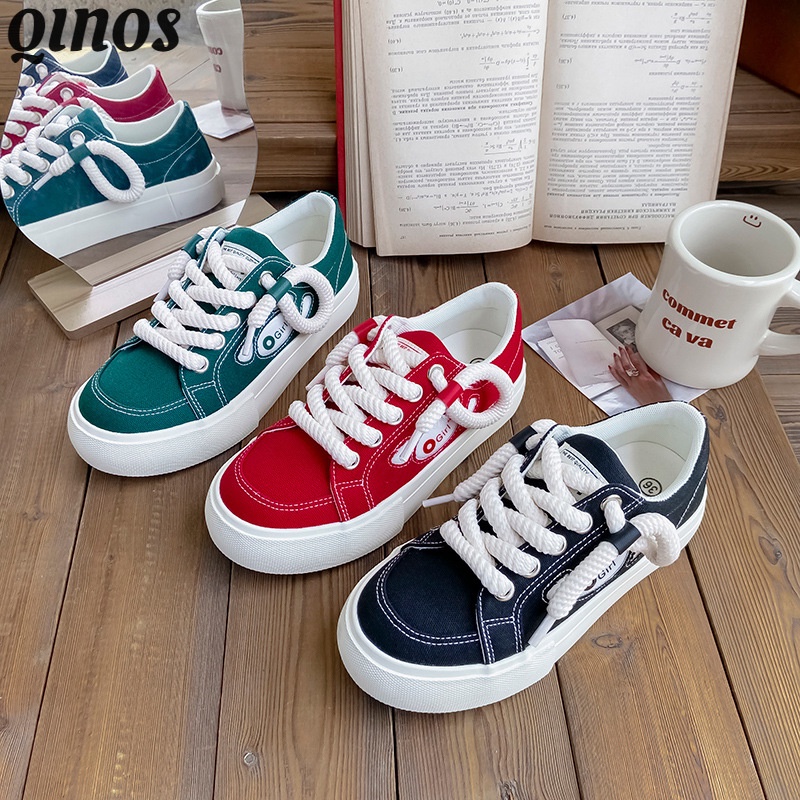 Qinos Giày Thể Thao canvas Trượt Ván Phong Cách retro Màu Xanh Lá Cây Sang Trọng niche Đa Năng
