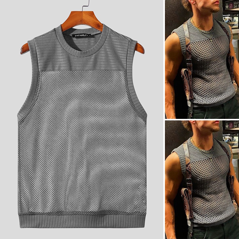 Áo tanktop INCERUN dệt kim phối lưới kẻ sọc thời trang