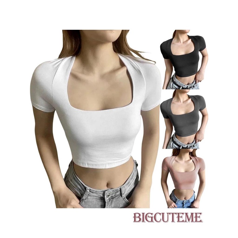 Áo Thun Crop Top Tay Ngắn Dáng Ôm Màu Trơn Thời Trang Mùa Hè Xinh Xắn Cho Nữ