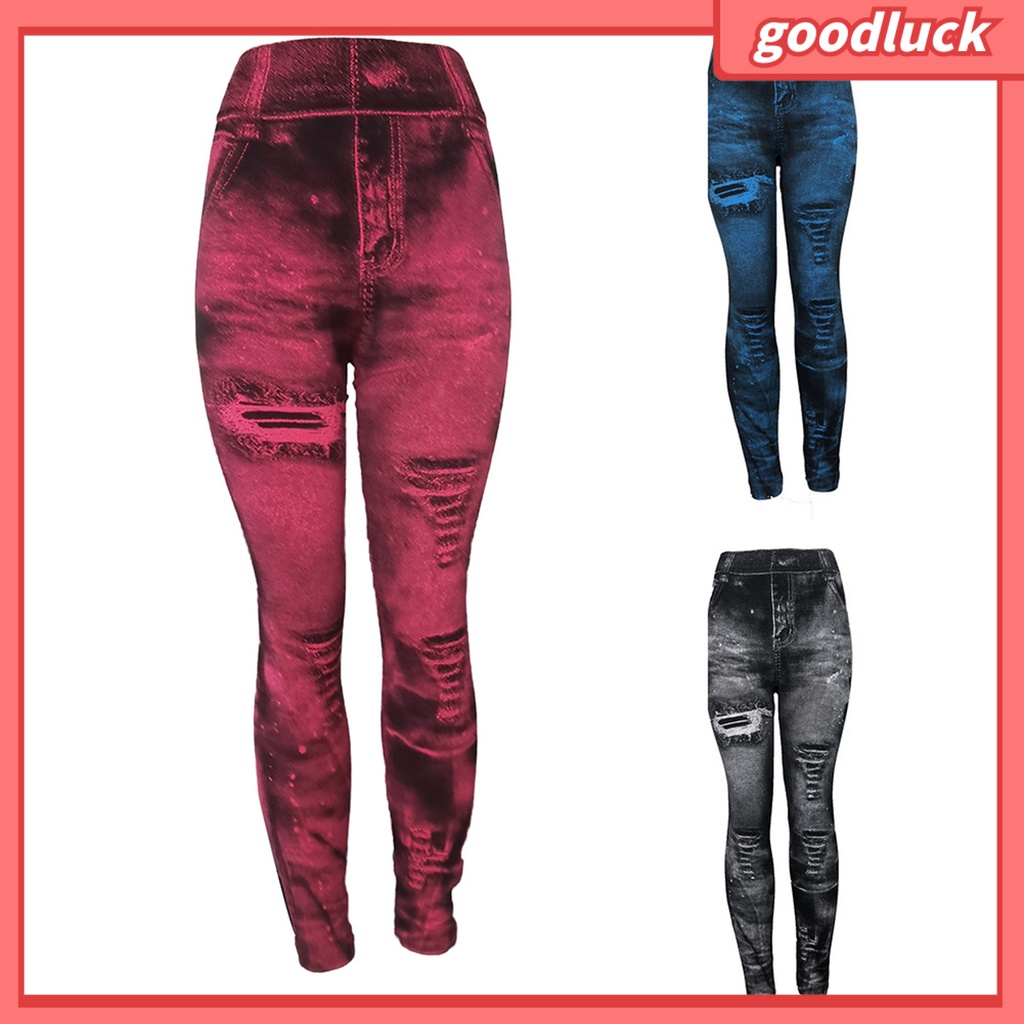 [ULK] Quần Legging Giả Jean Rách Dáng Bút Chì Co Giãn Nâng Hông Cho Nữ Plus Size