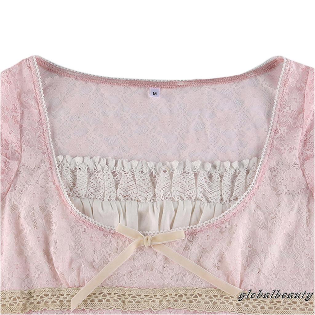 Áo Thun Ngắn Tay Phối Ren Trong Suốt Đính Nơ Thời Trang Mùa Hè Cho Nữ