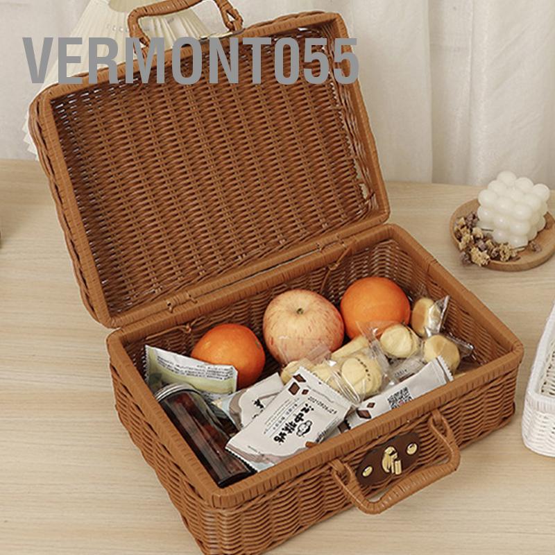 Vermont055 Hộp dã ngoại dệt bằng mây nhựa lưu trữ kiểu cổ điển không mùi có tay cầm hình vòng cho ngoài trời