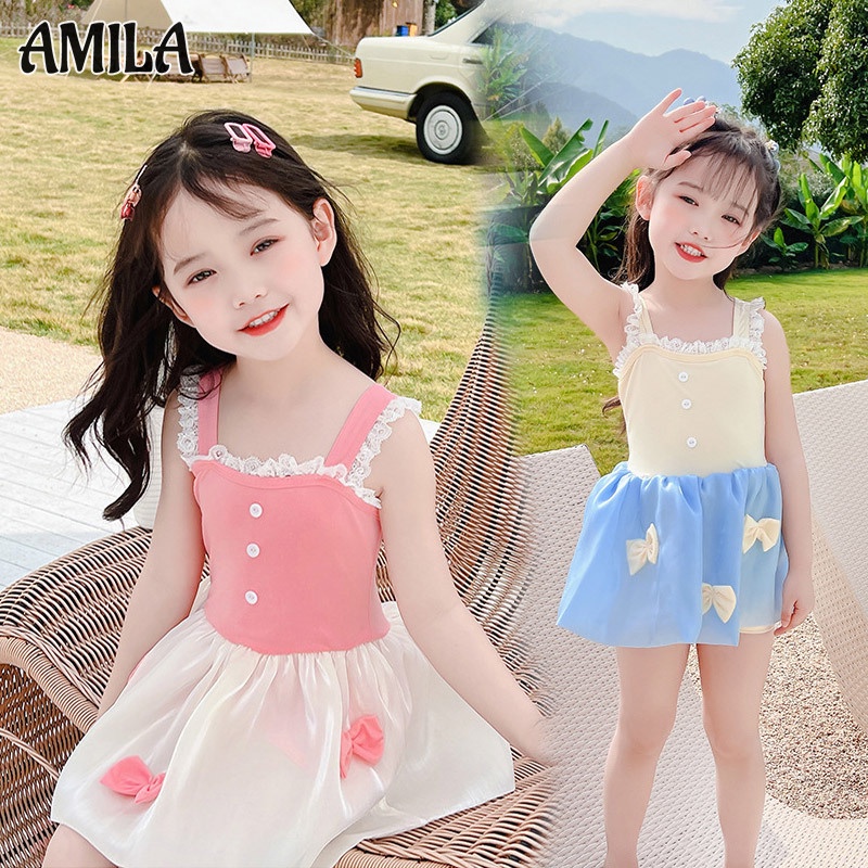 Đầm bơi liền mảnh AMILA hai dây đính nơ thời trang mùa hè dễ thương dành cho bé gái