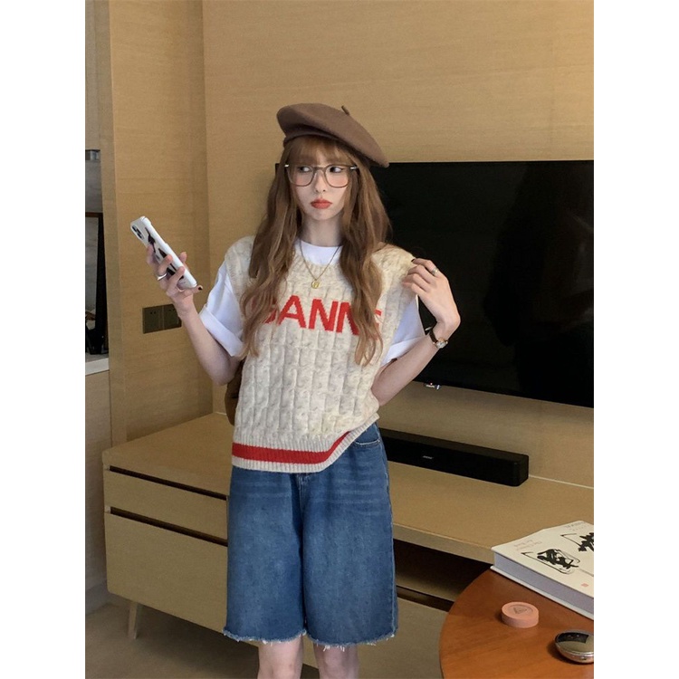 Áo Dệt Kim Sát Nách Dáng Rộng In Chữ Thời Trang Mới Cho Nữ