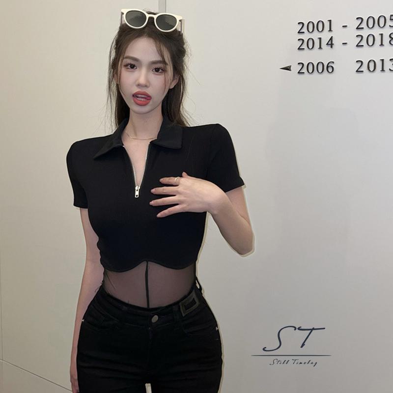 Bộ Áo Liền Quần Tay Ngắn Màu Trơn Phối Lưới Xuyên Thấu Có Khóa Kéo CY03 Thời Trang Cho Nữ