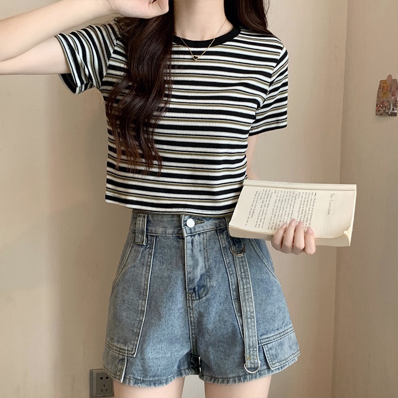 SUXI Áo Thun Ngắn Tay Cổ Tròn Họa Tiết Kẻ Sọc Phong Cách Vintage