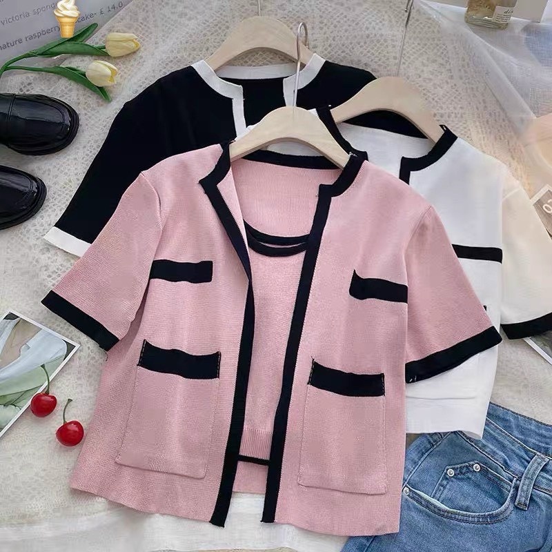 Áo Cặp Thun Gân Áo Ba Lỗ Viền Màu Kết Hợp Áo Khoác Ngoài Ngắn Tay TTSLA1192