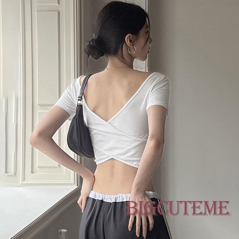 Áo Thun Crop Top Trắng Tay Ngắn Dây Chéo Lưng Thời Trang Mùa Hè Cho Nữ