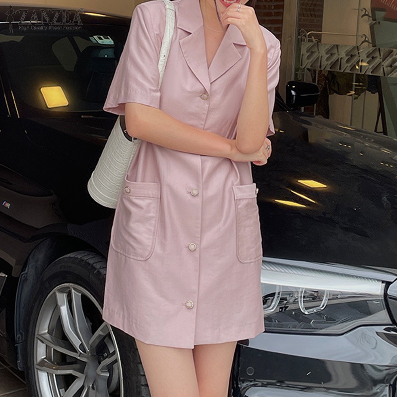 ZANZEA Đầm Mini Tay Ngắn Màu Trơn Cài Nút Phong Cách Hàn Quốc Thời Trang Cho Nữ