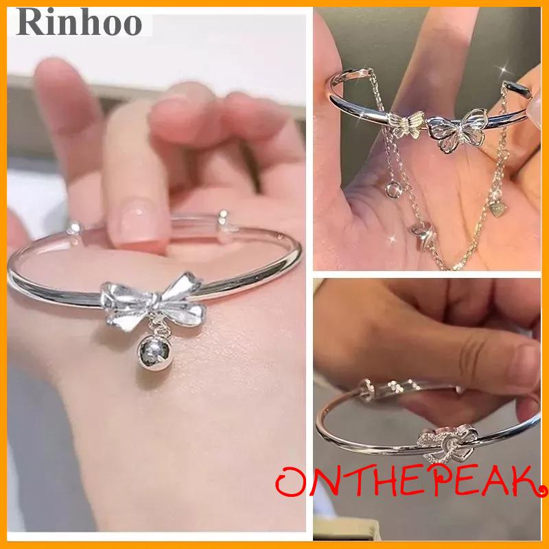ONT-Vòng đeo tay RINHOO hai lớp điều chỉnh được màu bạc trang trí nơ thời trang dành cho nữ