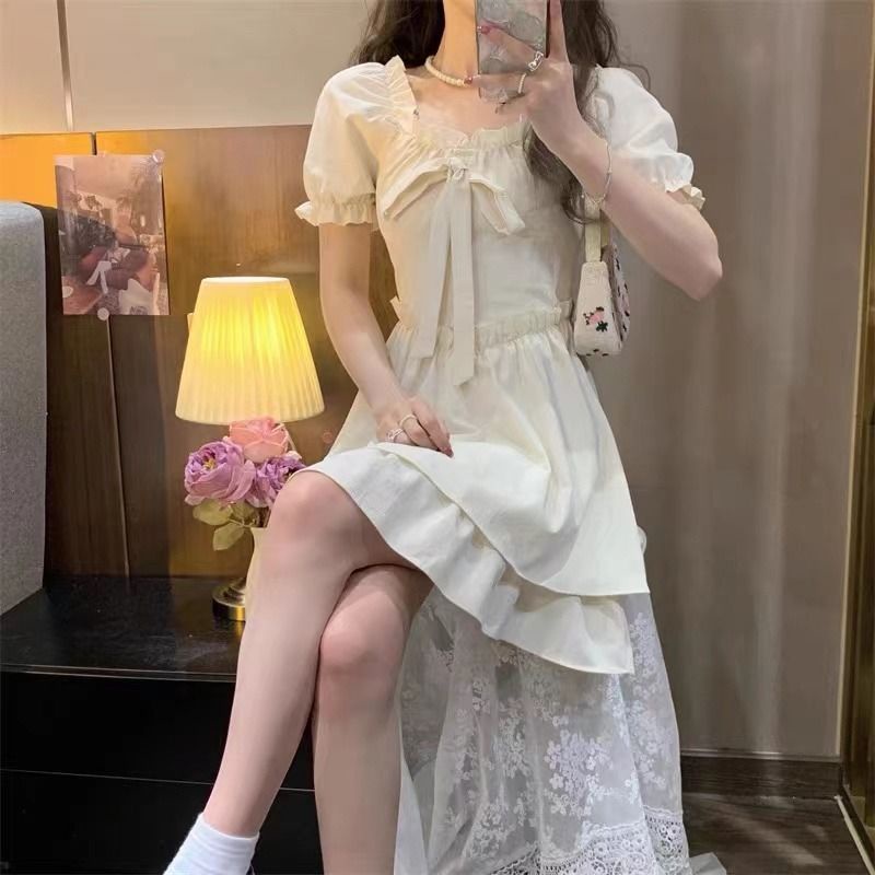 Đầm Chữ A Tay Phồng Phối Ren Thắt Nơ Thời Trang Mùa Hè Kiểu Pháp Mới