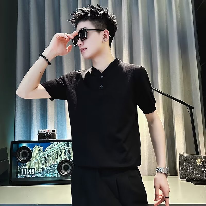 Áo Thun Polo Dệt Kim Tay Ngắn Cổ Chữ V Thời Trang Mùa Hè Hàng Mới 2023 Dành Cho Bạn Nam