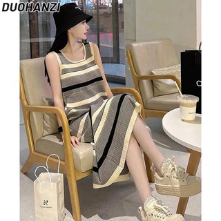 DUOHANZI  Đầm hai dây  dệt kim dáng ôm họa tiết kẻ sọc thời trang cao cấp cho nữ