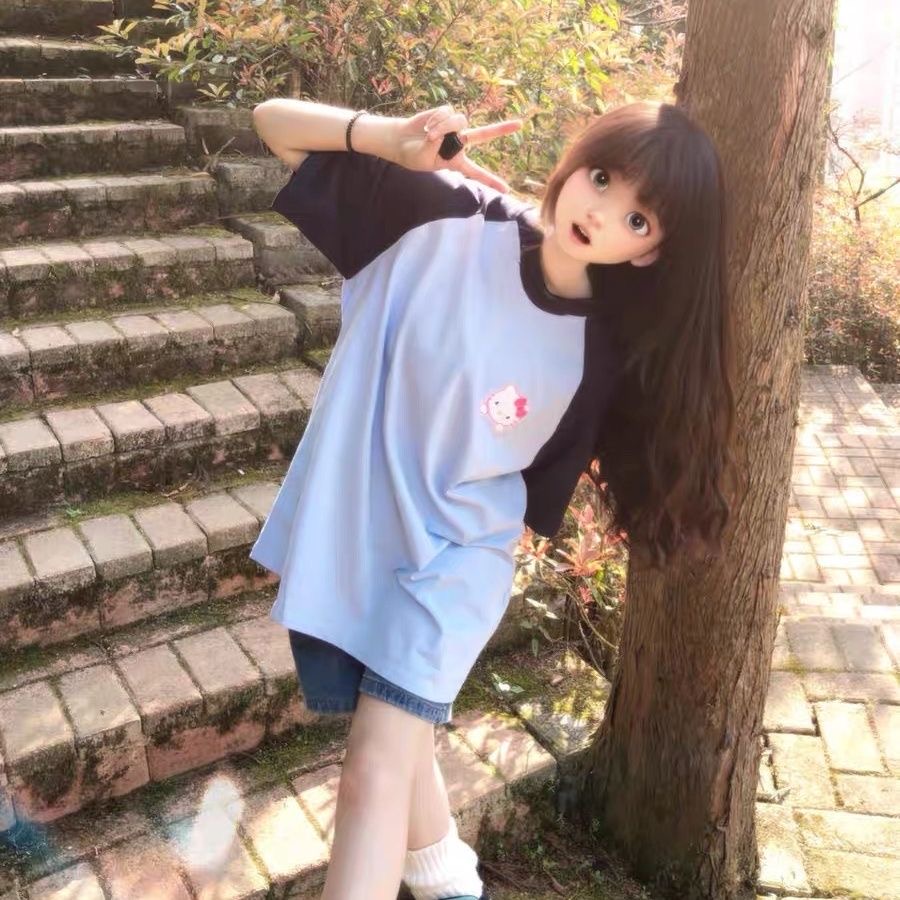 Áo thun NRVP 100% cotton tay ngắn cổ tròn in họa tiết phong cách Hàn Quốc cho nữ