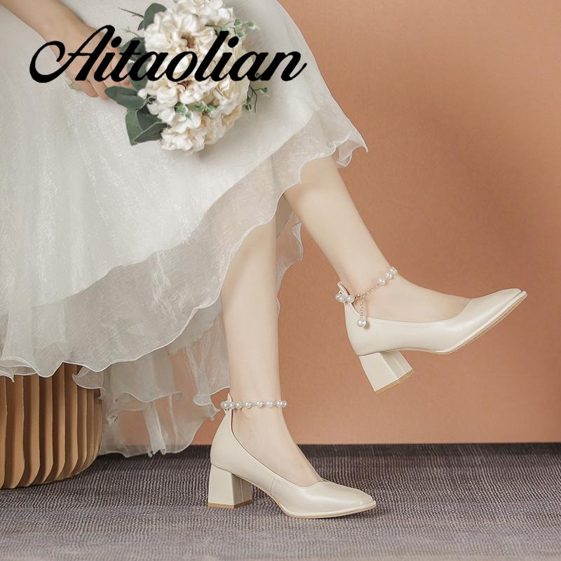 Giày Cao Gót 5cm Da Mềm Mũi Vuông Đính Ngọc Trai Kiểu retro Anh Dễ Thương Cho Nữ