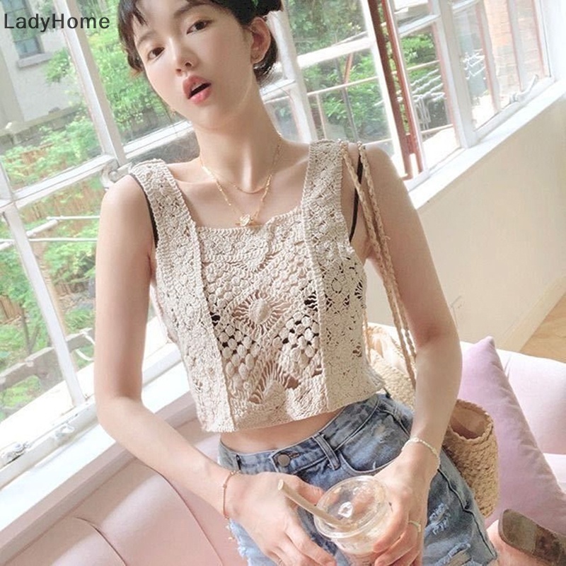 Áo Dệt Kim Hai Dây Màu Trơn Thêu Họa Tiết Rỗng Thời Trang Mùa Hè Cho Nữ