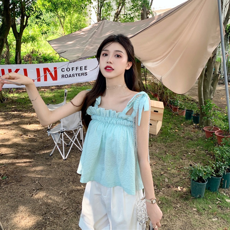 Áo Hai Dây Mùa Hè Dáng Suông Cột Nơ Màu Trơn Ngọt Ngào Cho Nữ