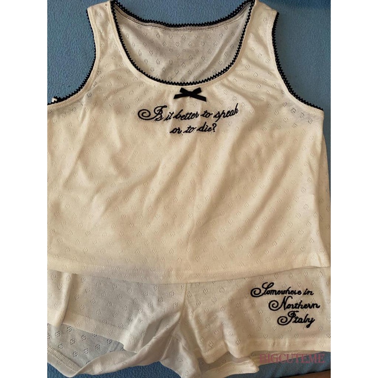 [] - Bộ Quần Áo Nữ Mùa Hè 2 Cái. Bộ Áo Tank Top Sát Nách In Chữ + Quần Short Co Giãn Tốt Thiết Kế Dễ Thương