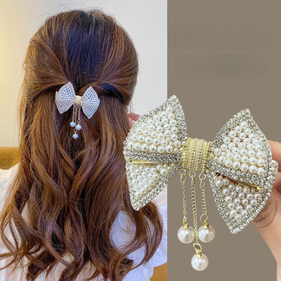 Kẹp Tóc Nơ Kim Loại Đính Đá &amp; Ngọc Trai Toàn Diện Thanh Lịch Cho Nữ