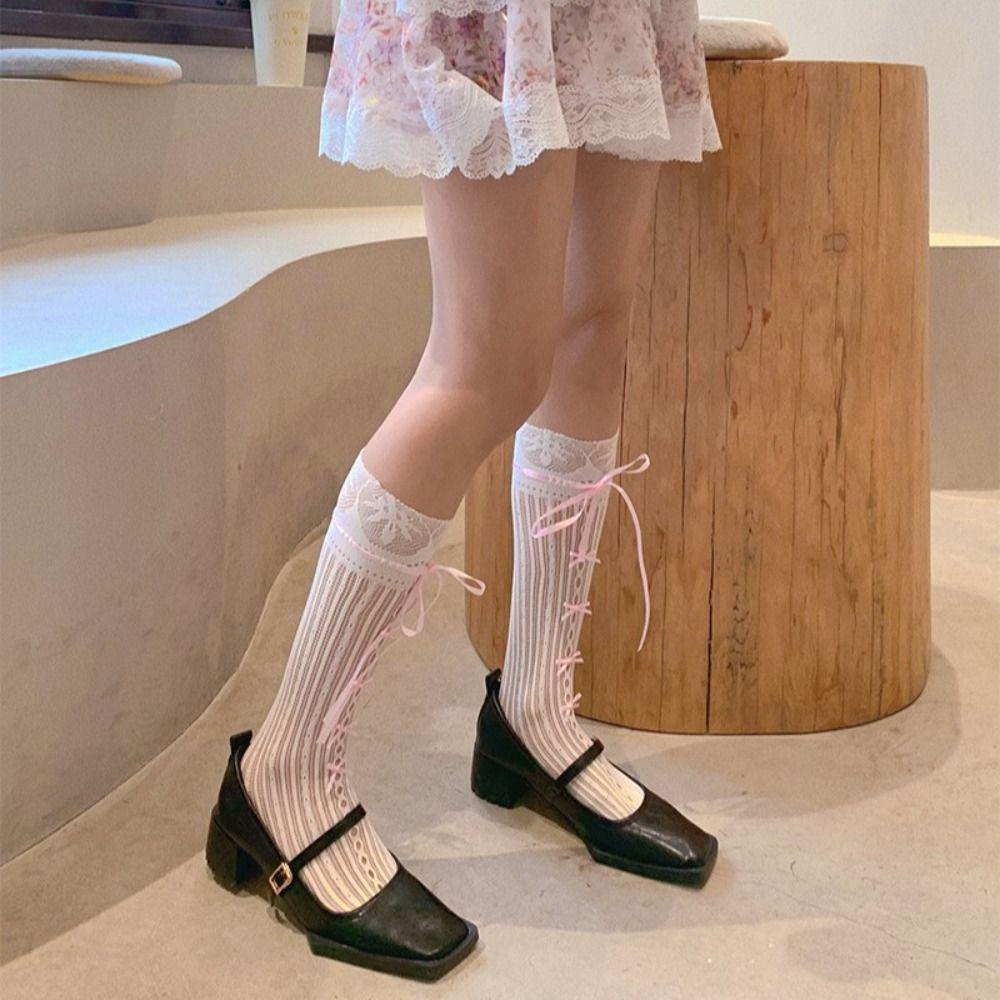 Tất Lưới Phối Dây Ruy Băng Kẻ Sọc Dễ Thương Phong Cách Harajuku Hàn Quốc