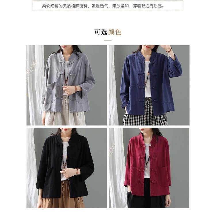 Áo Khoác cotton Lanh Cài Nút Dáng Rộng Phong Cách Trung Hoa Cổ Điển Hàng Mới 2023