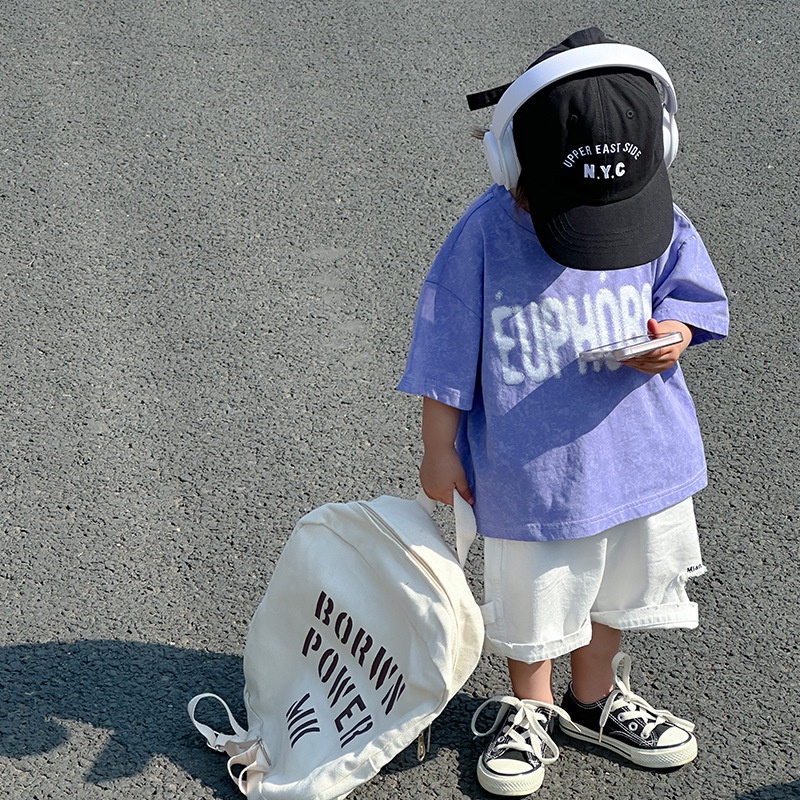 Áo Thun Tay Ngắn In Chữ Và Hoa Tuyết Màu Tím Phong Cách Hàn Quốc Thời Trang Mùa Hè Mới Cho Bé Trai