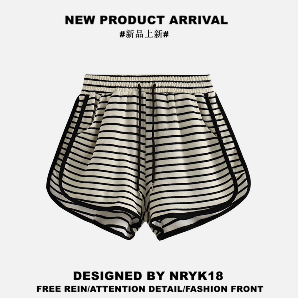 Quần Short Thể Thao Lưng Thun Ống Rộng Họa Tiết Kẻ Sọc Phong Cách Hàn Quốc Thời Trang Mùa Hè Cho Nữ
