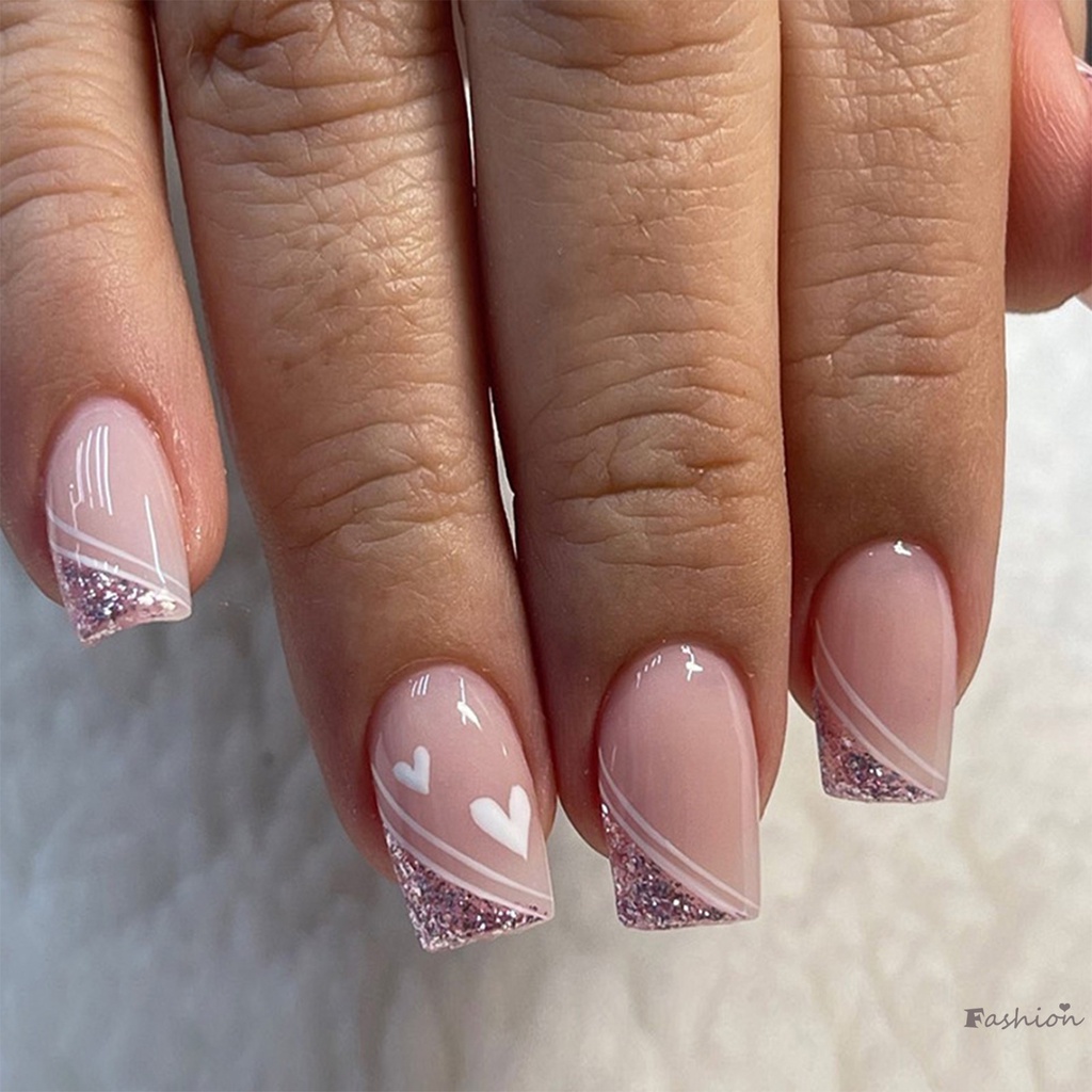 Móng Tay Giả Màu Hồng In Đường Kẻ Trắng Bền &amp; Không Bao Giờ Xẻ Tà Thoải Mái