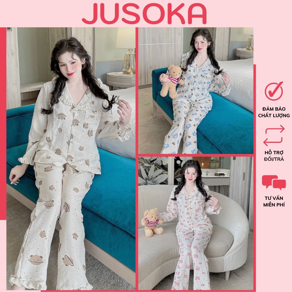 Đồ bộ Pijama nữ dài tay mặc nhà chất liệu xốp nhún viền bèo siêu mềm thoáng mát JUSOKA