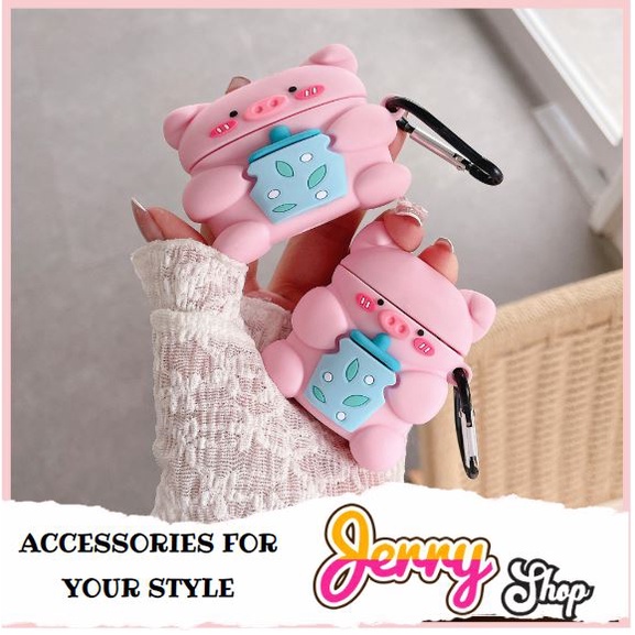 Vỏ Đựng Ốp Case Airpods Heo Uống Trà Sữa Bảo Vệ Tai Nghe Không Dây Chống Va Đập 1/2,3,Pro - Jerry Shop