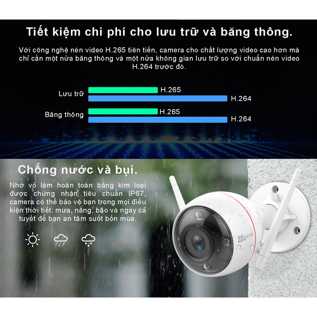 Camera wifi ezviz c3tn, c3wn, c3n, c3w, h3c,độ phân giải 3k Full HD ban đêm có màu, có báo động bằng tiếng còi