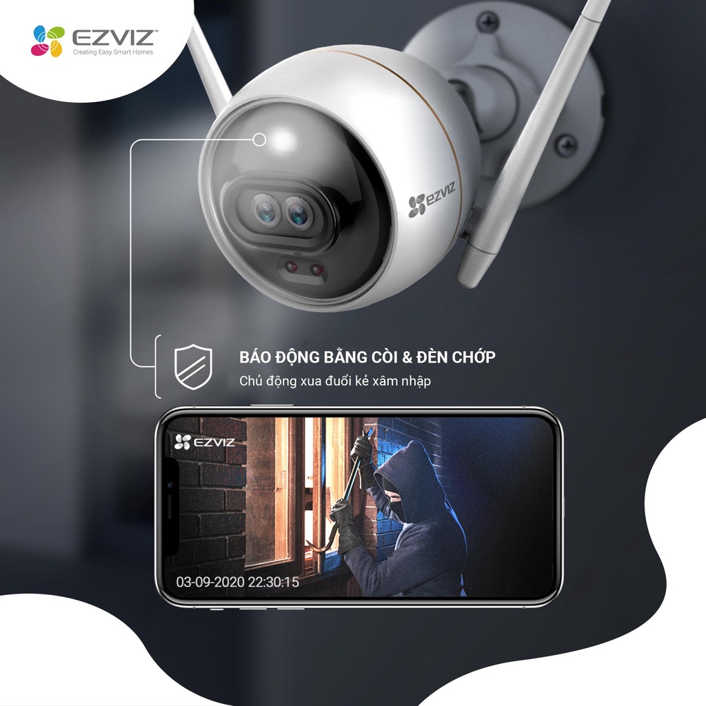 Camera wifi ezviz c3tn, c3wn, c3n, c3w, h3c,độ phân giải 3k Full HD ban đêm có màu, có báo động bằng tiếng còi