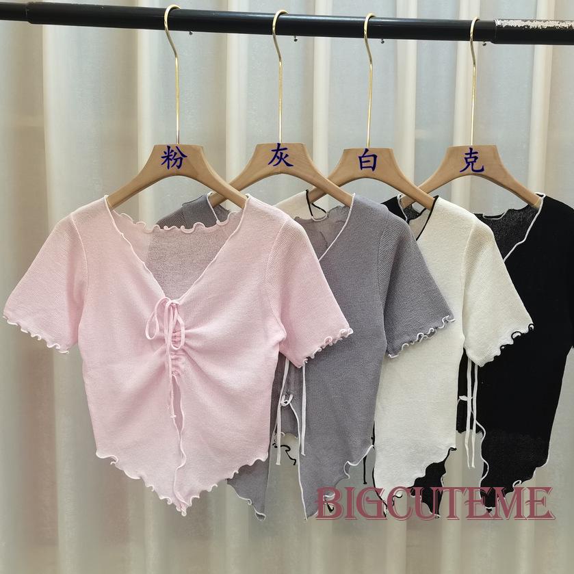 Áo Thun Nữ Ngắn Tay Cổ Chữ V Dây Rút Thời Trang