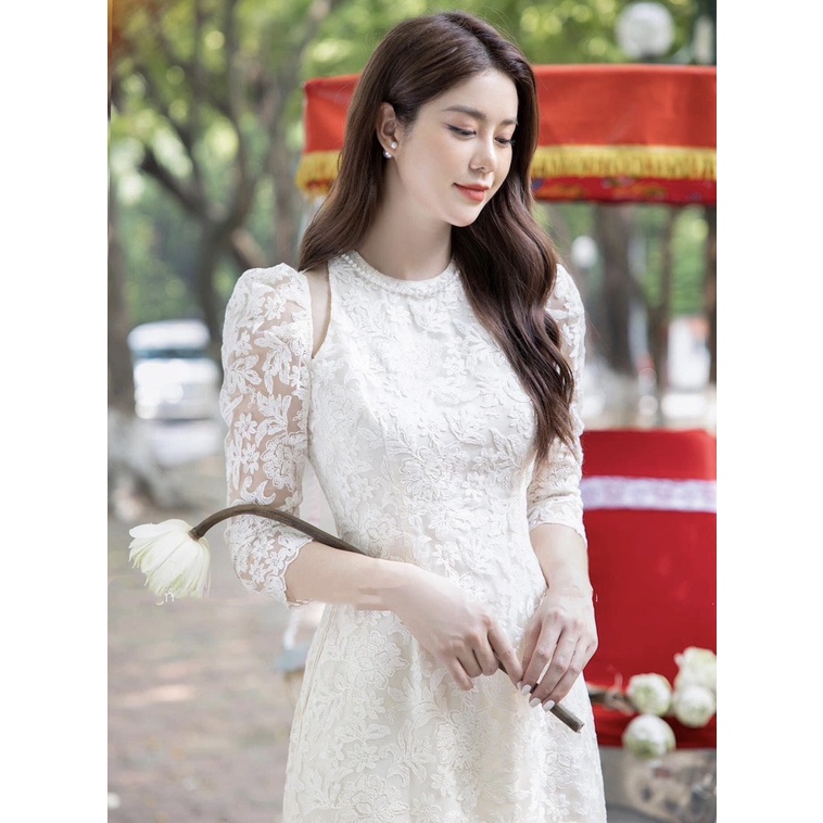 Áo Dài Ren Hoa Khoét Vai Màu Trắng Kem + Quần