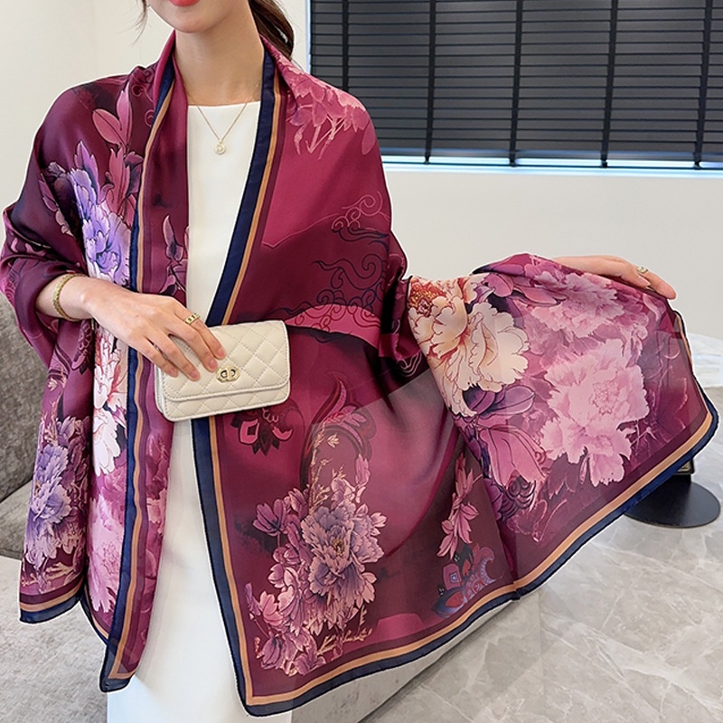 Khăn Quàng Cổ Chống Nắng Bằng Lụa Cỡ Lớn 180 * 90CM In Họa Tiết Hoa Mẫu Đơn Sang Trọng Cho Nữ