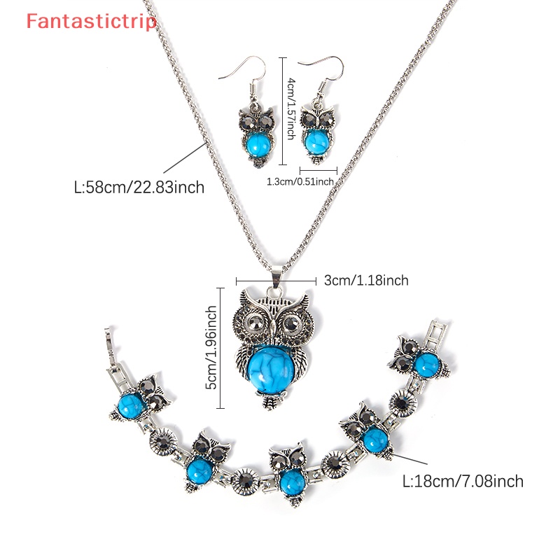 Bộ Trang Sức Vòng cổ / Vòng Tay / Bông Tai Hình Chim Cú Đính Đá Ngọc Lam Phong Cách Vintage Cho Nữ Mới