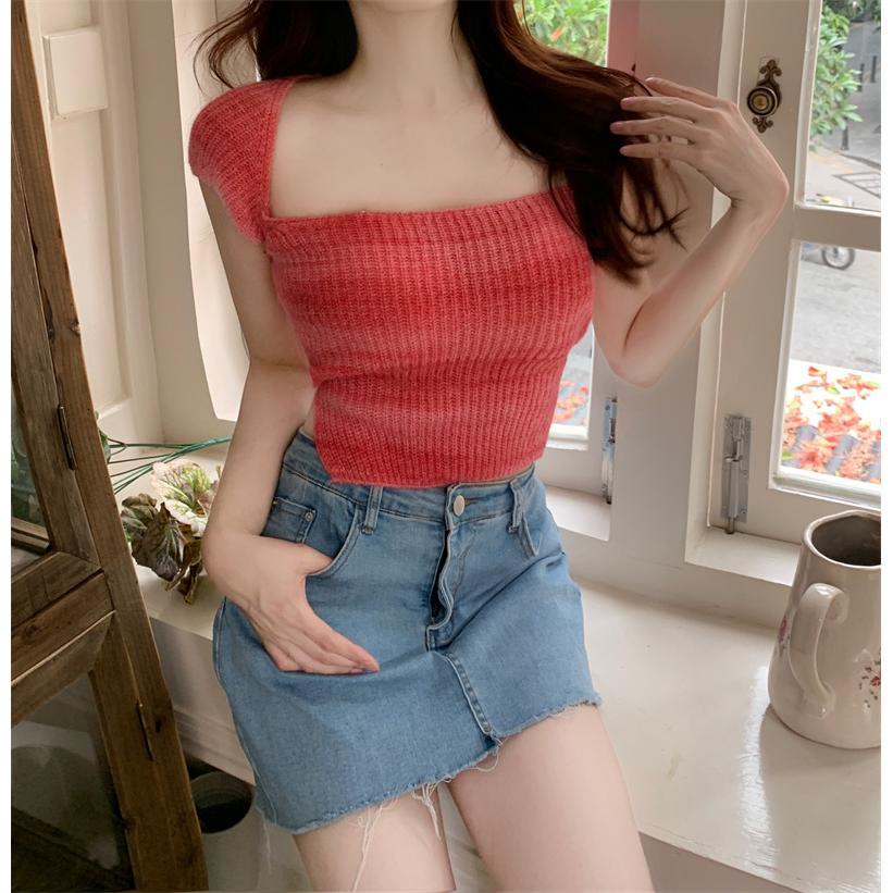 COZOK Áo Thun Dệt Kim Ngắn Tay Cổ Vuông Màu Sắc Tương Phản Thời Trang