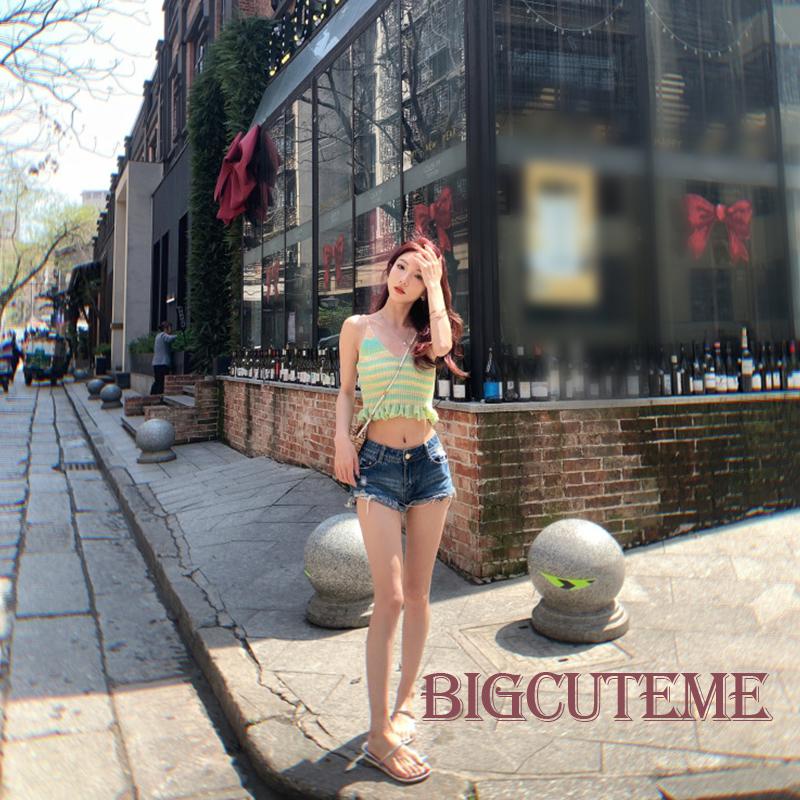 [] Áo Dệt Kim Không Tay Cổ Chữ V Ôm Dáng Họa Tiết Kẻ Sọc Thời Trang Mùa Hè Dành Cho Nữ