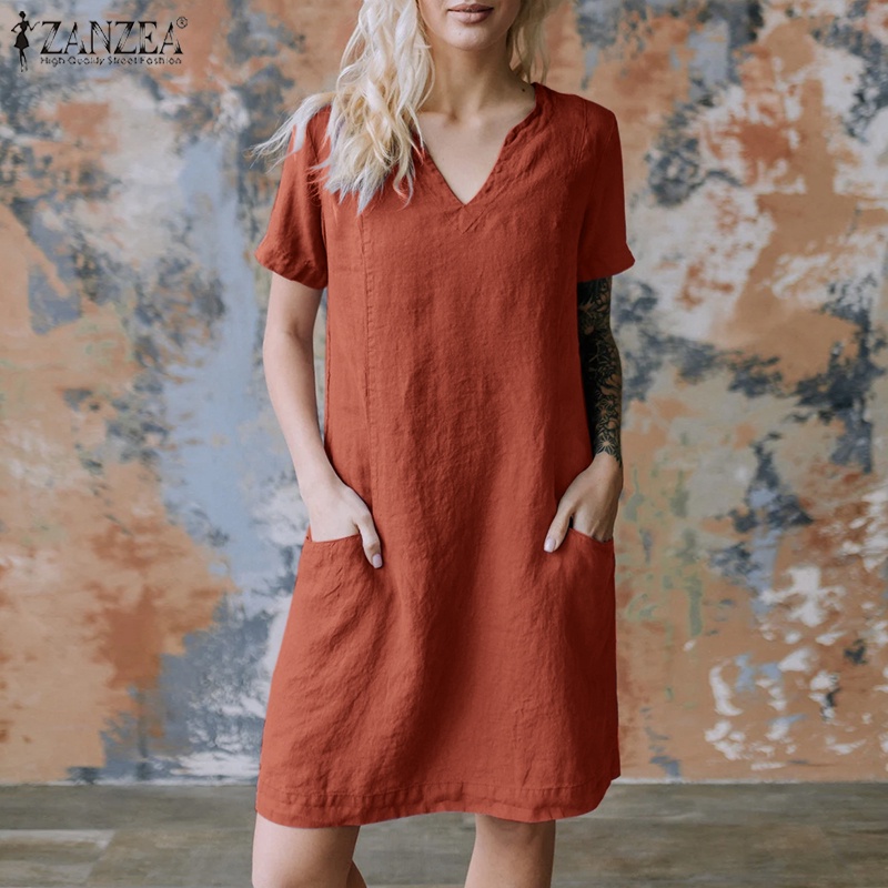 ZANZEA Đầm Ngắn Tay Cổ Chữ V Có Túi Phong Cách Vintage Nữ Tính